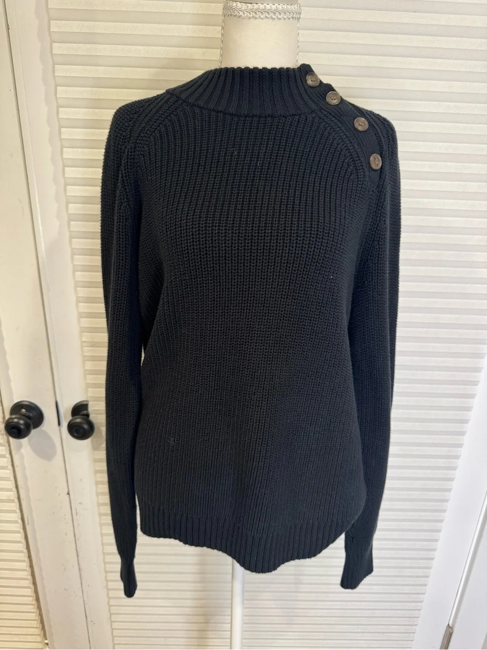 J. Crew Black Ribbed Button-Shoulder Turtleneck Sweater 0994
